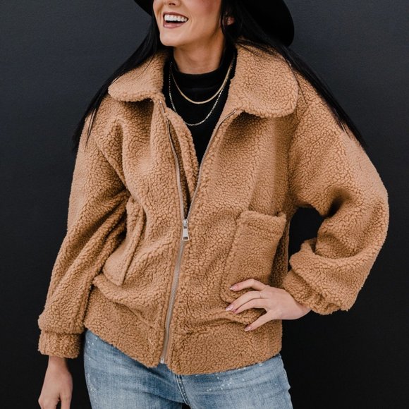 Zip Up Dropped Shoulder Teddy Jacket with Pockets - Picture 5 of 5